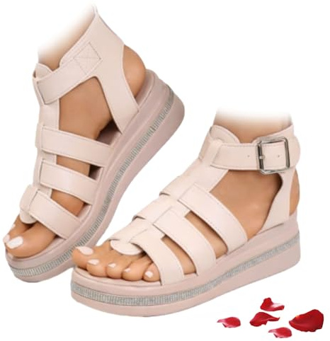 WINDEHAO Sandali con zeppa decorati con strass, Sandali ortopedici con piattaforma e strass per donne con supporto per l'arco plantare, Sandalo gladiatore estivo con zeppa, Beige, 35 EU