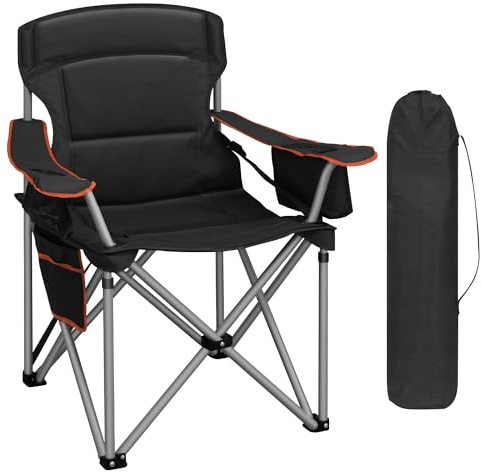 Hzuaneri Folding Camping Chair for Adults Oversized 220KG, Heavy Duty Padded Camping Chair with Adjustable Lumbar Support, Cooler Bag, Cup Holder for Garden Balcony Fishing Black and Orange CC00299EO