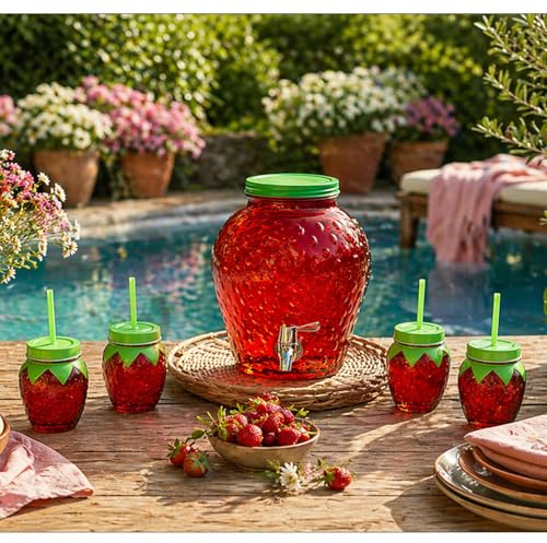 Set di 5 distributori d'acqua + rubinetto, 4 bicchieri, coperchio e cannuccia, 4 litri