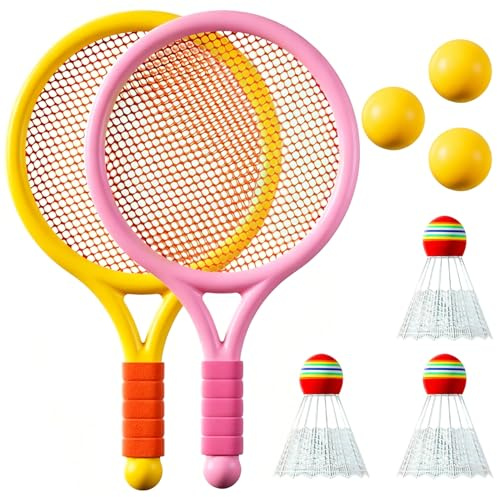 Tennisracketar, set för barn, 2 racketar, 3 badmintonbollar, 3 tennisbollar, lämplig för utomhus- och inomhussporter (gul-rosa)