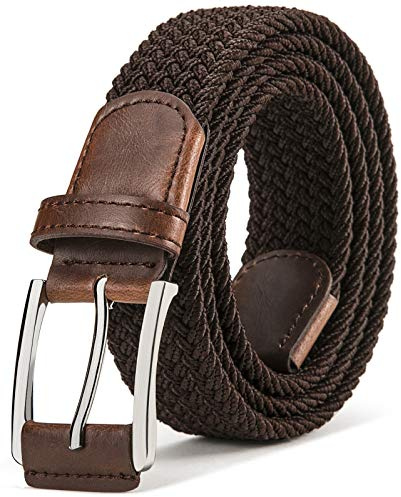 BULLIANT Cinturón Trenzado Elástico,Tejido Extensible Cinturón para Hombres y Mujeres Hebilla de Zinc, Ancho 35mm(Marrón oscuro,105cm/30-34 Cintura ajuste)