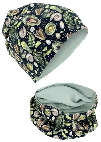 HECKBO T-Rex Beanie & Halstuch Set - Dino Motiv für Abenteuer - Wendeoption grün - Kinder 2-8 Jahre - Baumwolle - Schule & Spielplatz (48–54 cm)