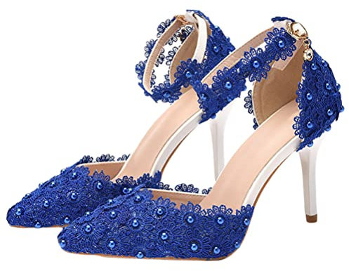 Minetom Damen Braut Hochzeit Abend Party Schuhe Frauen Spitzen Blume Stiletto High Heel Pumps Elegante Kleid Brautschuhe B Blau 40 EU