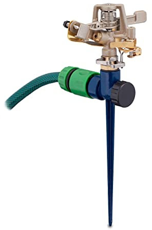 Relaxdays Pulsationssprenger, Gartenbewässerung, 360° Sektorenregner, 24 m Reichweite, Sprinkler, Metall, blau/beige