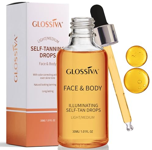 Glossiva Self Tanning Drops - Sunless Tan for a Sun-Kissed Bronze - Beauty Skin Self Tanner - Gradual Glow for Face and Body - Long-Lasting for a Week, 1.01 Fl Oz