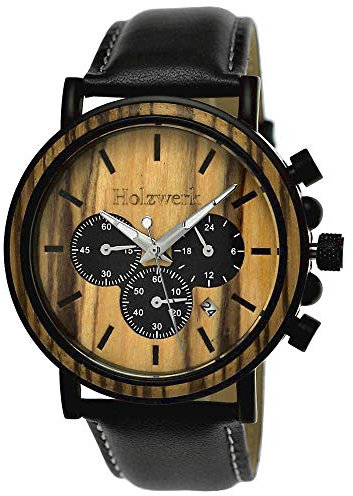 Holzwerk Germany Handgefertigte Designer Herren-Uhr Öko Natur Holz-Uhr Chronograph Armband-Uhr Analog Quarz-Uhr Braun Schwarz Datum Holz Ziffernblatt