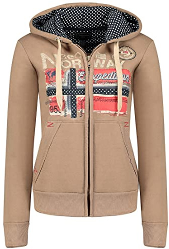 Geographical Norway Farlotte Lady - Sweat Femme Zip Capuche Poches - Sweatshirt Manches Longues Chaud Hoodie Veste - Pull Femmes Saison Printemps Ete Automne Hiver (Taupe L)