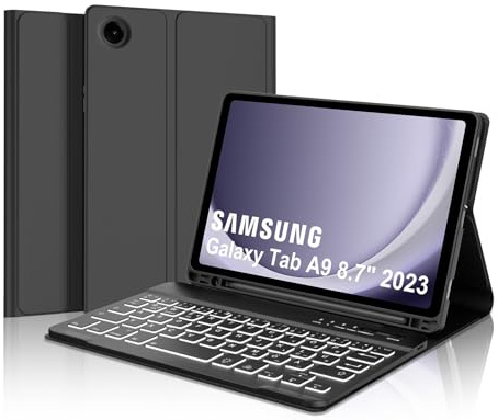 IVEOPPE Samsung Tab A9 Fodral med Trådlöst Avtagbart Tangentbord - QWERTZ 7 Färger Belyst för Tablet 8,7 Tum 2023 SM-X110/X115/X117