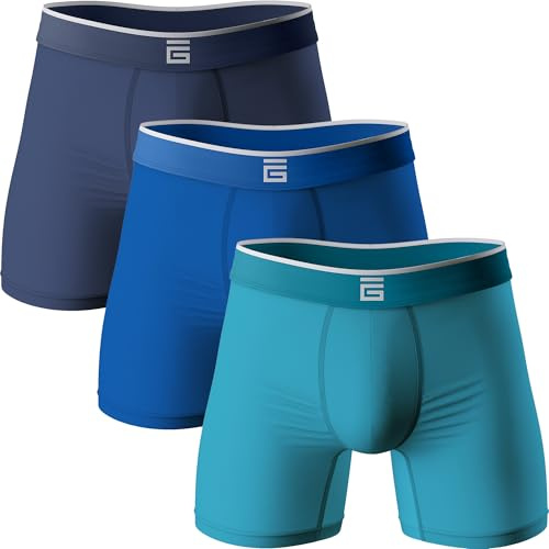 Giovici Mens Boxers Bamboo Anti Chafing Soft Comfortable Boxer Briefs Longer Leg - Boxer Shorts Multipack - Moisture Wicking Technology (3 Pack, Blues, L)