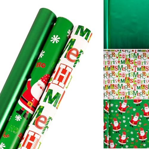 Lot de 3 rouleaux de papier cadeau en papier kraft pour cadeau d'anniversaire, décoration de Noël – 43 cm x 300 cm par rouleau (2 vert, 1 blanc)