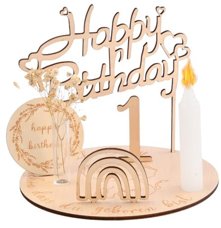 Dokeno Geburtstagsteller aus Holz, Personalisierter Geburtstagskranz mit Zahlen 0-9, Kerzenhalter, Regenbögen, Getrocknete Blumen, Geburtstagskerzenhalter, Geburtstagsdeko für Kinder Geschenk