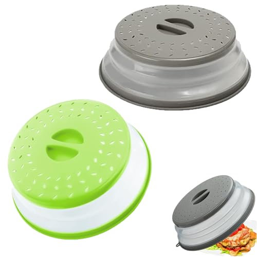 Microwave Cover 2Pcs Collapsible Microwave Food Cover,for Food, Kitchen Dish Bowl Plate Proof Lid Can Be Hung,Dishwasher-Safe, 8.5 Ins,Gray&Green