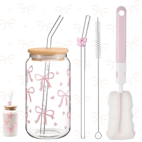 4 Pcs Glass Cups with Lids and Straws Set, 500ml Iced Coffee Cup, Glass Tumbler with Straw and Lid, Bow Ice Coffee Cup Suitable for use at Home School or Work