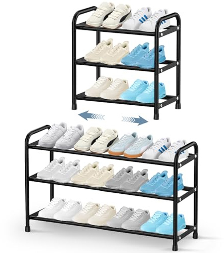 NIAWECAN Zapatero expandible, 3 niveles, ajustable, estrecho, de metal, extensible, pequeño, negro, para ahorrar espacio, para pasillo, armario, pasillo, dormitorio