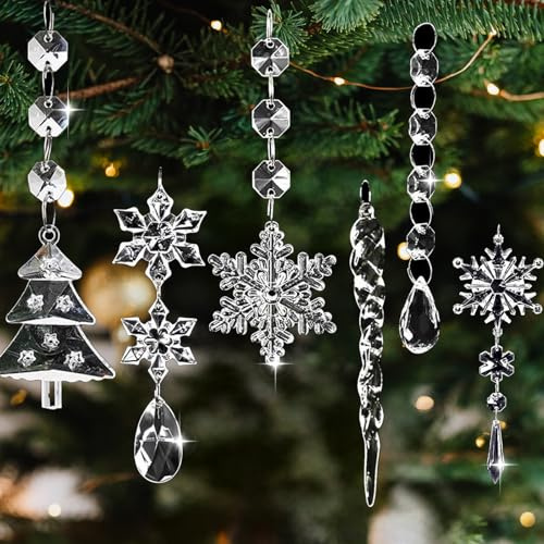 Acrilico Ghiaccioli per Albero di Natale 18 Pezzi Decorazione Albero Natalizia Acrilico Ornamenti Natalizi Appesi Ghiacciolo Fiocchi di Neve in Cristallo Trasparente Bianco