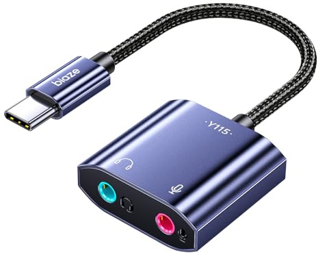 biaze Y115 USB C zu 3,5mm Klinken Audioadapter Externe Soundkarte mit 3,5-mm-Kopfhörer- und Mikrofon-TRS-Buchse zu Typ CKompatibel mit Windows, Laptops, Desktops Windows, MAC, Linux, PC, PS5, PS4