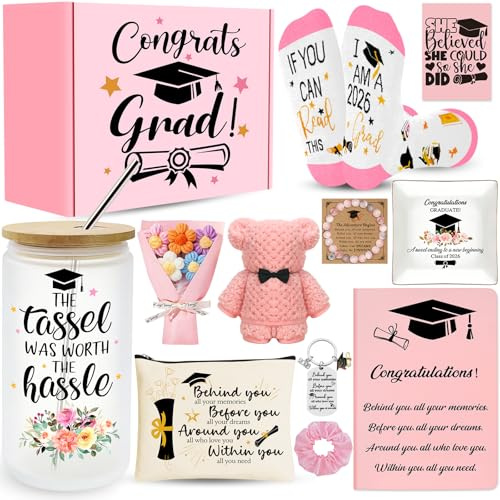 12 Pieces 2026 Graduation Gift Box Set, Class of 2026 Graduation Gift Basket with 16 Oz Glass, Socks, Bear Towel, Journal Notebook, Makeup Bag, Bracelet, Keychain for High School College Gifts