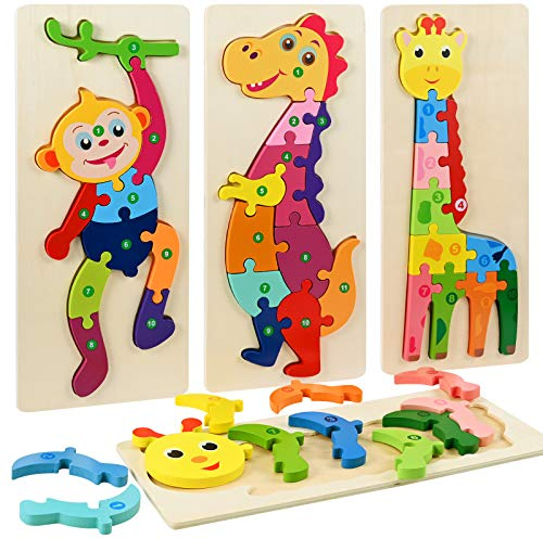 faburo Set di 4 puzzle in legno, puzzle per bambini, puzzle a incastro, giocattoli Montessori educativi per bambini 2 3 4 5 anni (30 x 12 cm)