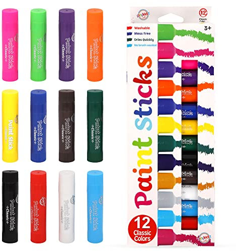 Playkidiz Paint Sticks, Twistable Crayon Paint Sticks, Mess-Free Tempera & Poster Paint, Quick Drying, Great Birthday Gift, Ages 3+ (12 Pack Classic) 3135-Paint