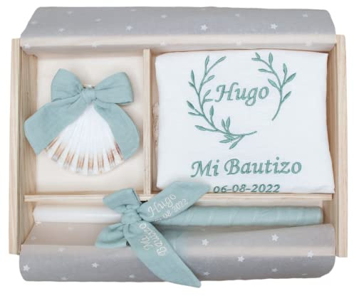 Kit de lujo Personalizado para Bautizo - Conjunto de Vela, Pañuelo y Concha bordado – Caja de madera grabada con el nombre y fecha del Bautismo - Modelo Bambula (Verde menta)