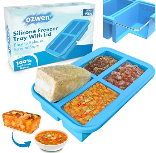 Ozwen 1-Cup Large Silicone Soup Tray with Lid, Easy Meal Prep Freezer Food Cube Container, Freezer Mould & Food Storage for Sauce & Broth & Leftover, 1-Pack, Blue