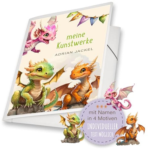 Zeichenmappe A4 oder A3 Schule Kindergarten Mappe personalisiert Namen Cute Dragon Drachen - Kunstwerke Erinnerungsmappe Sammelmappe Junge Mädchen Rosa Orange Grün