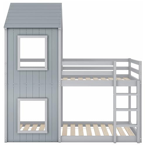 Idemon 90 x 200 cm litera, cuna, cama de casa para niñas y niños, con escalera y dosel, profundidad del suelo, madera maciza (gris)