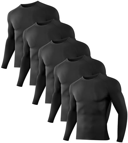 Dalavch 5 Pack Men’s Compression Shirts Long Sleeve Athletic Workout Rash Guard Gym Active Sports Undershirt Base Layer Top 5 Black Large