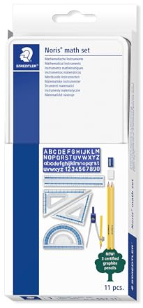 STAEDTLER 557 11 Noris Maths Set with Storage Tin (11 Pieces including Compass, Ruler, Protractor and Set Squares)