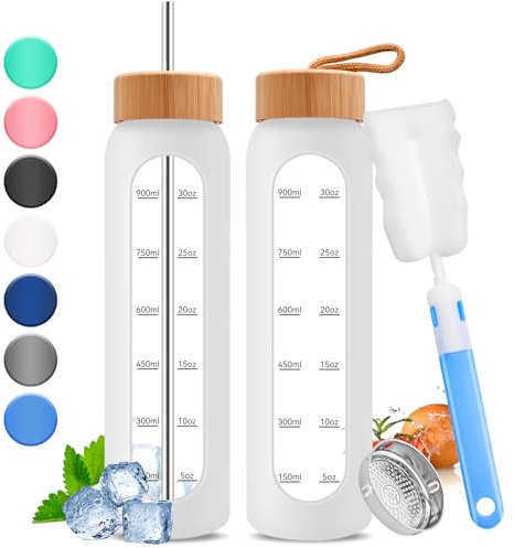 Wobeny 32oz Glas-Wasserflasche mit Zeitmarkierung - 1000ml große motivierende Wasserflasche mit 2 Bambusdeckeln, 1 Liter Flasche für Fitness mit Edelstahlstrohhalm & Silikonhülle (Weiß)