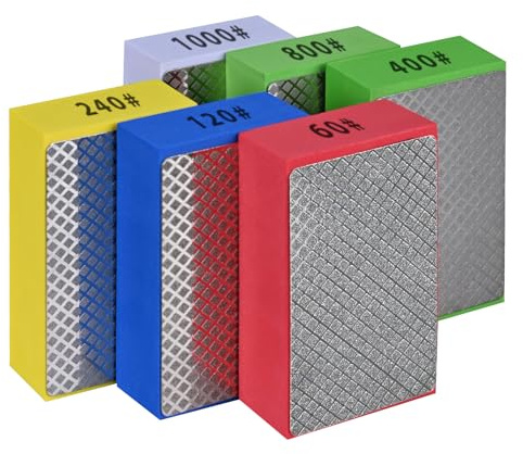 6pcs Diamond Hand Polishing Pads Foam Backing Sanding Blocks for Ceramic Tile Glass Wood Marble Grinding,60#,120#,240#,400#,800#,1000#