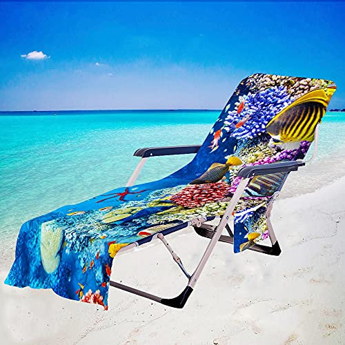 Treer Sonnenliege Auflage, Ozean-Muster Gartenliege Abdeckung, Frottee Schonbezug Gartenstuhl mit 2 Taschen, für Schwimmbäder Strände Gartenhotels Liegenauflagen (75x210cm,Gestreifte Fische)