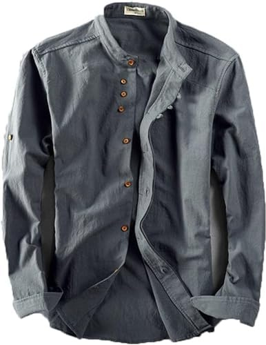 Soulona Chemise Katana pour homme Style Japon Blanc XL Manches longues Col montant Coupe ajustée Taille unique Printemps Automne, gris, XXL