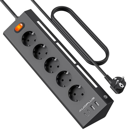AUOPLUS Regletas Enchufes con USB Multiple con 5 Toma de Corriente y 4 USB Puertos, Regleta Inteligente con Proteccion Sobretension y luz nocturna LED ajustable al tacto, Cable de 2M, 3680W/16A, Negro