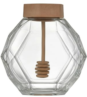 UPSTORE Vaso per miele in vetro trasparente ermetico da 350 ml, dispenser per miele a forma esagonale, con cucchiaio in legno e coperchio, per cucina di casa