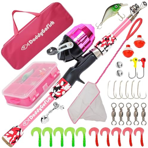DaddyGoFish Kids Canna da Pesca - Canna E Mulinello Combo Tackle Box Set - Kit di Attrezzatura Piccola per Il Primo Anno per Ragazzi, Ragazze, Bambini E Ragazzi (Essential Set, Rosa, 4ft)