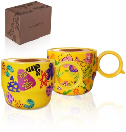BOILMERIT Ceramic Mini Espresso Cups Set of 2 – 3 oz Double Espresso Coffee Cups with Q Handle, Yellolw Floral and Fruit Pattern, Small Espresso Shot Cups for Home Coffee Bar,Lungo