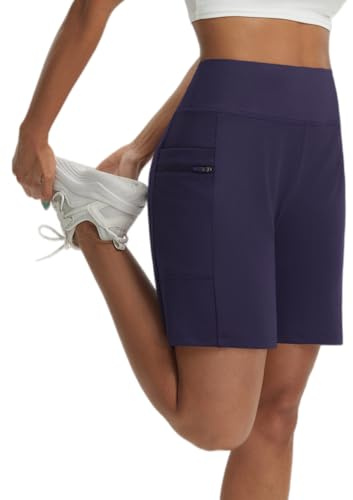 baleaf Women's Bermuda Shorts Athletic Running Shorts Quick Dry High Waisted Workout Gym Shorts with Zipper Pockets Walking Casual Navy S