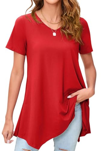 Enmain Camiseta Mujer Manga Corta Top Túnica Blusa Larga on Cuello en V Talla Grande Tops de Colores Sólidos/Estampadas T Shirt para Mujeres S-3XL