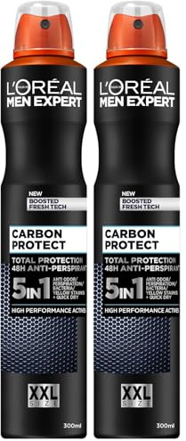L’Oréal Men Expert Carbon Protect XXL Anti-Perspirant Deodrant Spray, 48H 4-in-1 Total Protection, Anti-Odor & Anti-Bacteria with Carbon, Stay Hygience & Fresh – 350ml (Pack of 2)