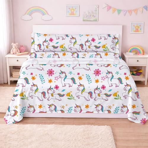 DALINA Juego de Sábanas Infantil 3 Piezas para Cama 90 - Sábanas Bajera Ajustable para Cama 90x190cm, Encimera 165x260cm y 1 Funda de Almohada Larga 45X125 cm, Unicornios Blanco