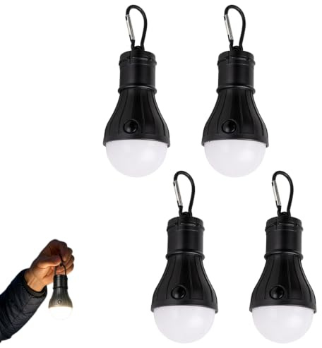 Lámparas de Cámping Portátiles con Mosquetón – Lote de 4 Linternas LED Impermeables, Compactas y Ligeras con 3 Modos de Iluminación, Fabricadas en Material ABS+PC Resistente, Ideales para Camping