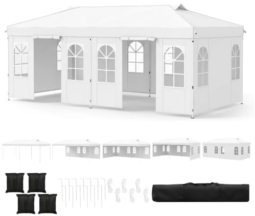 COSTWAY Carpa Plegable 6x3m, Pop up, Cenador Pabellón de Jardín con 6 Paredes Laterales, Alturas Ajustables, Bolsa de Transporte, Bandas Reflectantes, Patio Camping Picnic Terraza (Blanco)