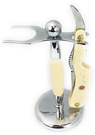 GBS Classic Straight Edge Razor Barber Shavette + Brush and Razor Stand - Ivory Horn Handle - Gold Accents + 10 Blades Men's Manual Shaver Excellent Locking Safety Mechanism