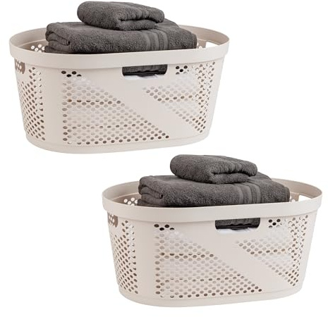 Mind Reader 40L Ventilated Laundry Baskets, Lightweight Clothes Hamper with Cutout Handles for Bathrooms and Closets, Plastic, Set of 2, Ivory