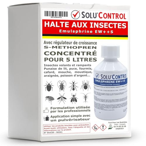 HALTE AUX INSECTES - Insecticide Concentré pour 5 LITRES - Volants et rampants - avec régulateur de croissance S-Methopren - EMULSPHRINE EW++S 250 ml