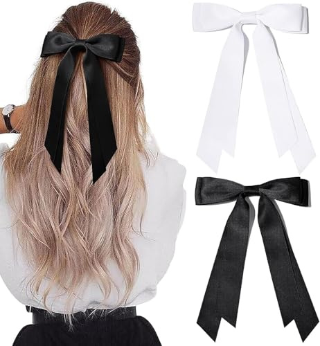 ZUFIO 2PCS Silky Satin Hair Bows Clip Hair Ribbon Ponytail Holder Accessories Slides Metal Clips Bow for Women Girls Toddlers Teens Kids (Black+White, S)