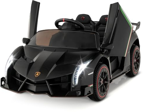 COSTWAY Coche Eléctrico para Niños Lamborghini 12V, Vehículo Eléctrico con Control Remoto de 2,4 G, 3 Velocidades, Puertas Hidráulicas, Luces LED, Rueda, Bocina, Música, para Niños 3-8 Años (Negro)