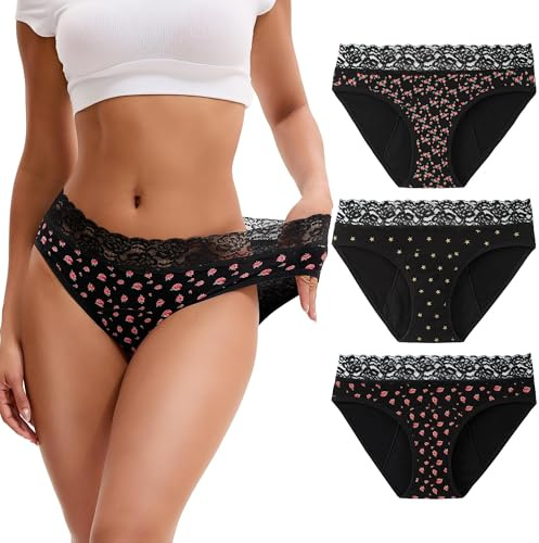 INNERSY Period Underwear for Women Cotton Lace Leakproof Menstrual Hipster Panties Bikini Briefs 3-Pack(Medium,Blossom Star)