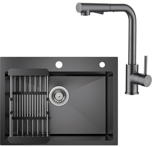 CECIPA Fregadero Negro Antracita 60x45 Cm Con Escurridor Y Sifón + Grifo de Cocina Extensible Gris Negro, 1 Seno Cuadrado, Encastrable Con 2 Orificios